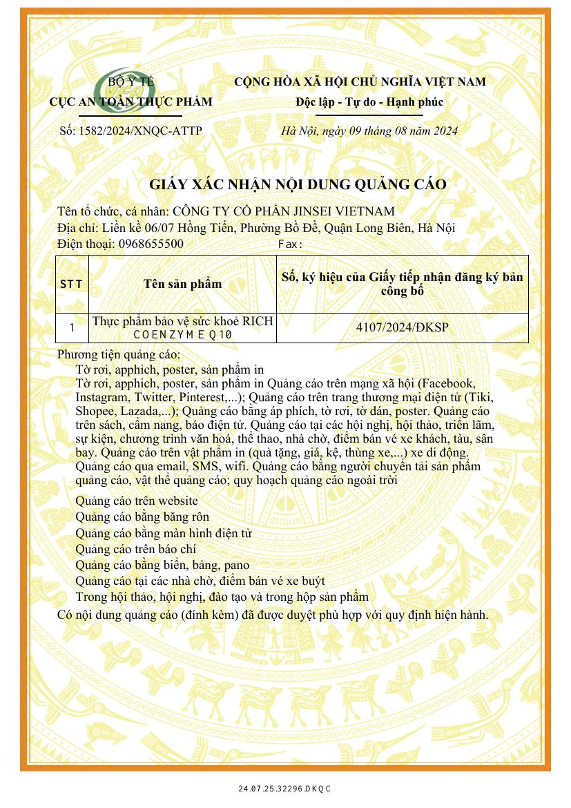 Trang đầu giấy xác nhận nội dung quảng cáo Rich Coenzyme Q10