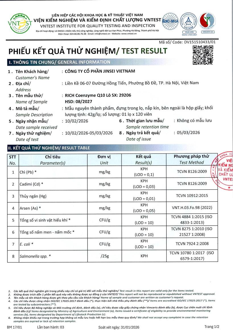 Phiếu kết quả thử nghiệm thành phẩm Rich Coenzyme Q10